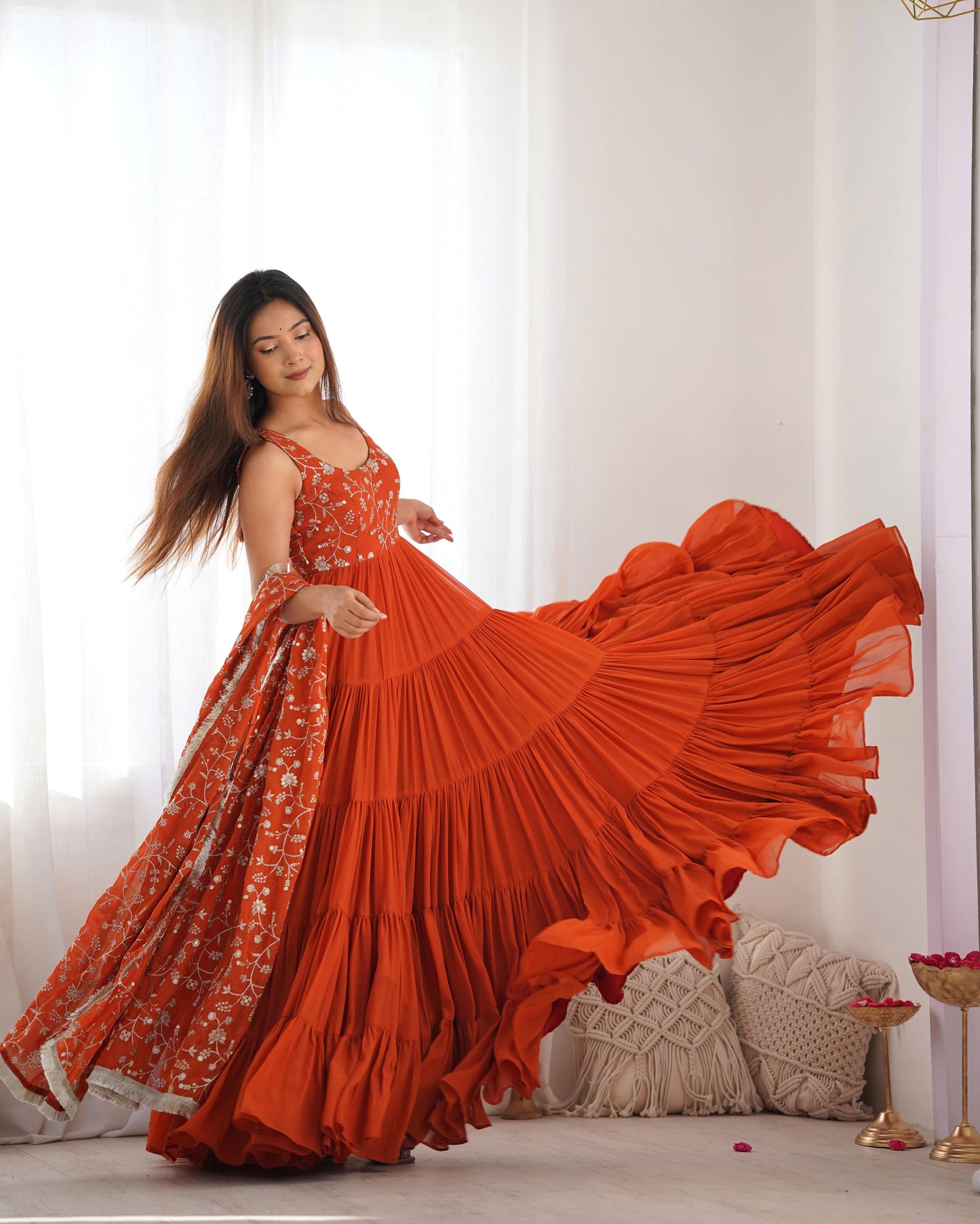 Regal Elegance in Every Twirl – Premium Rust Anarkali Set - Ethnicwish