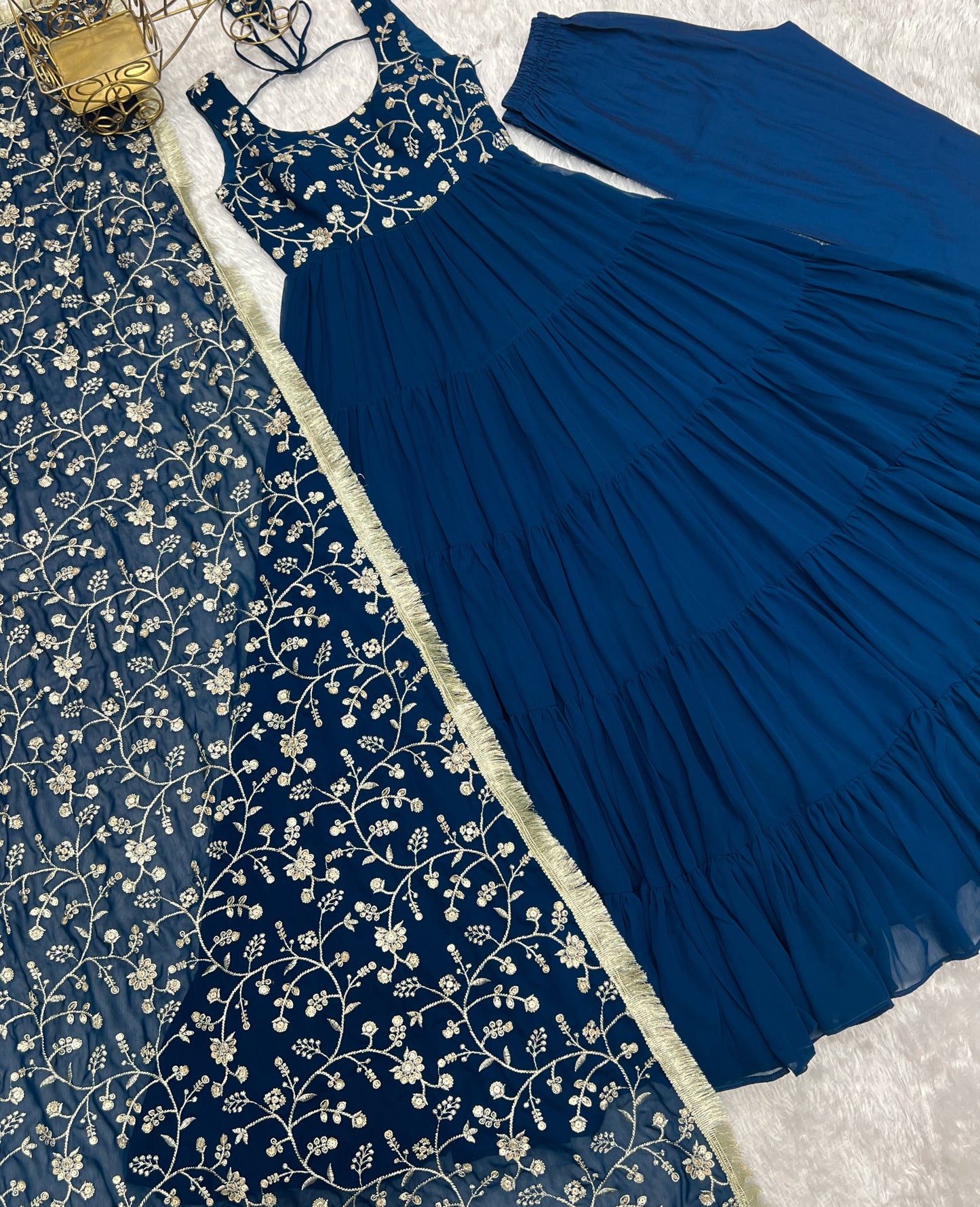 Regal Elegance in Every Twirl β Premium Teal Blue Anarkali Set - Ethnicwish