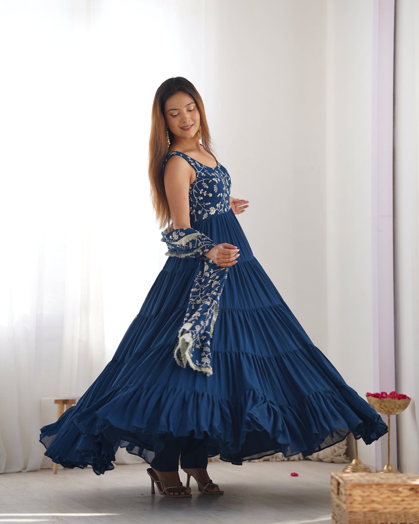 Regal Elegance in Every Twirl β Premium Teal Blue Anarkali Set - Ethnicwish