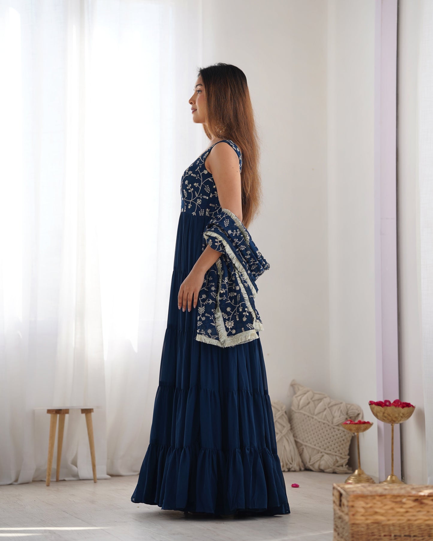 Regal Elegance in Every Twirl β Premium Teal Blue Anarkali Set - Ethnicwish