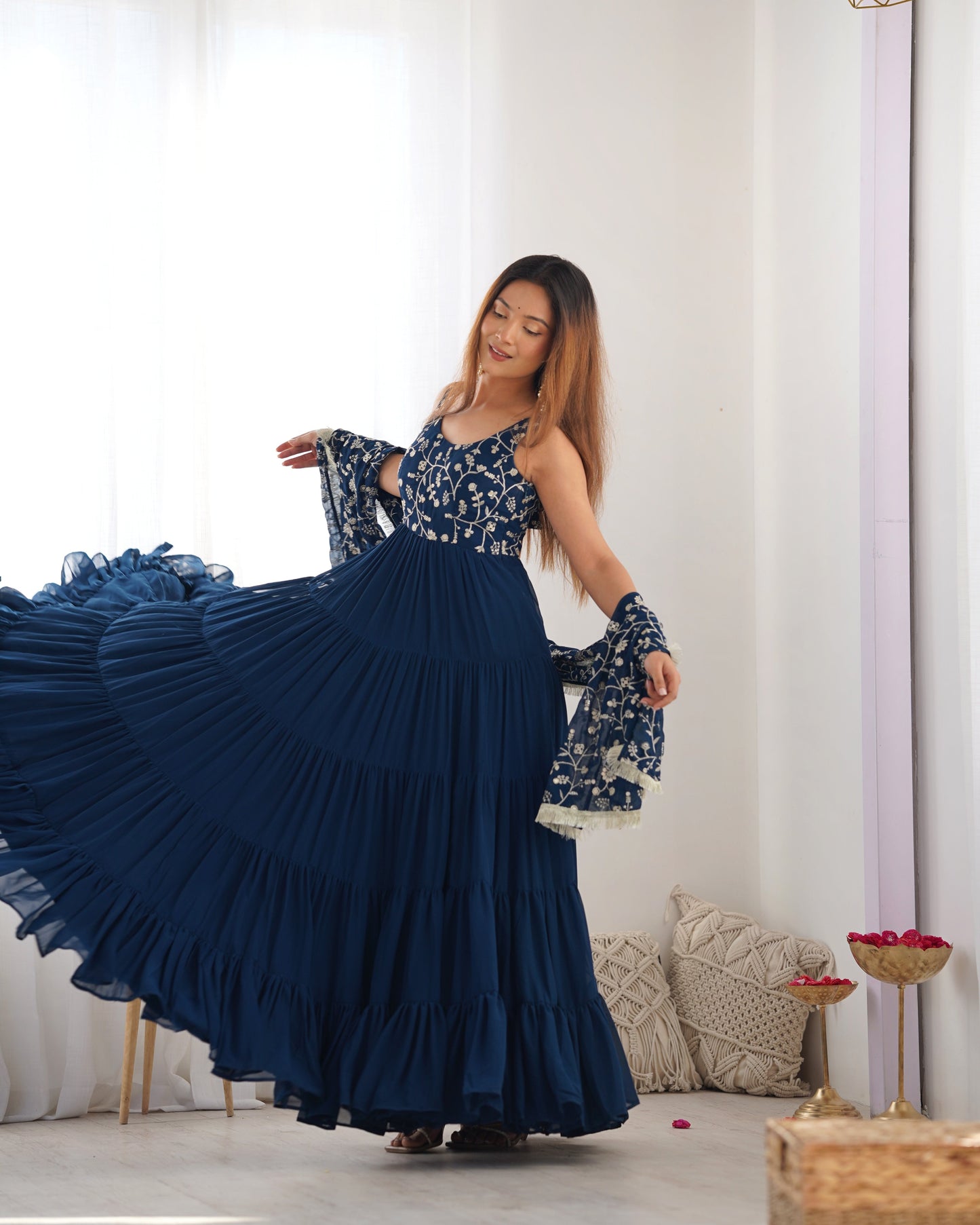 Regal Elegance in Every Twirl β Premium Teal Blue Anarkali Set - Ethnicwish
