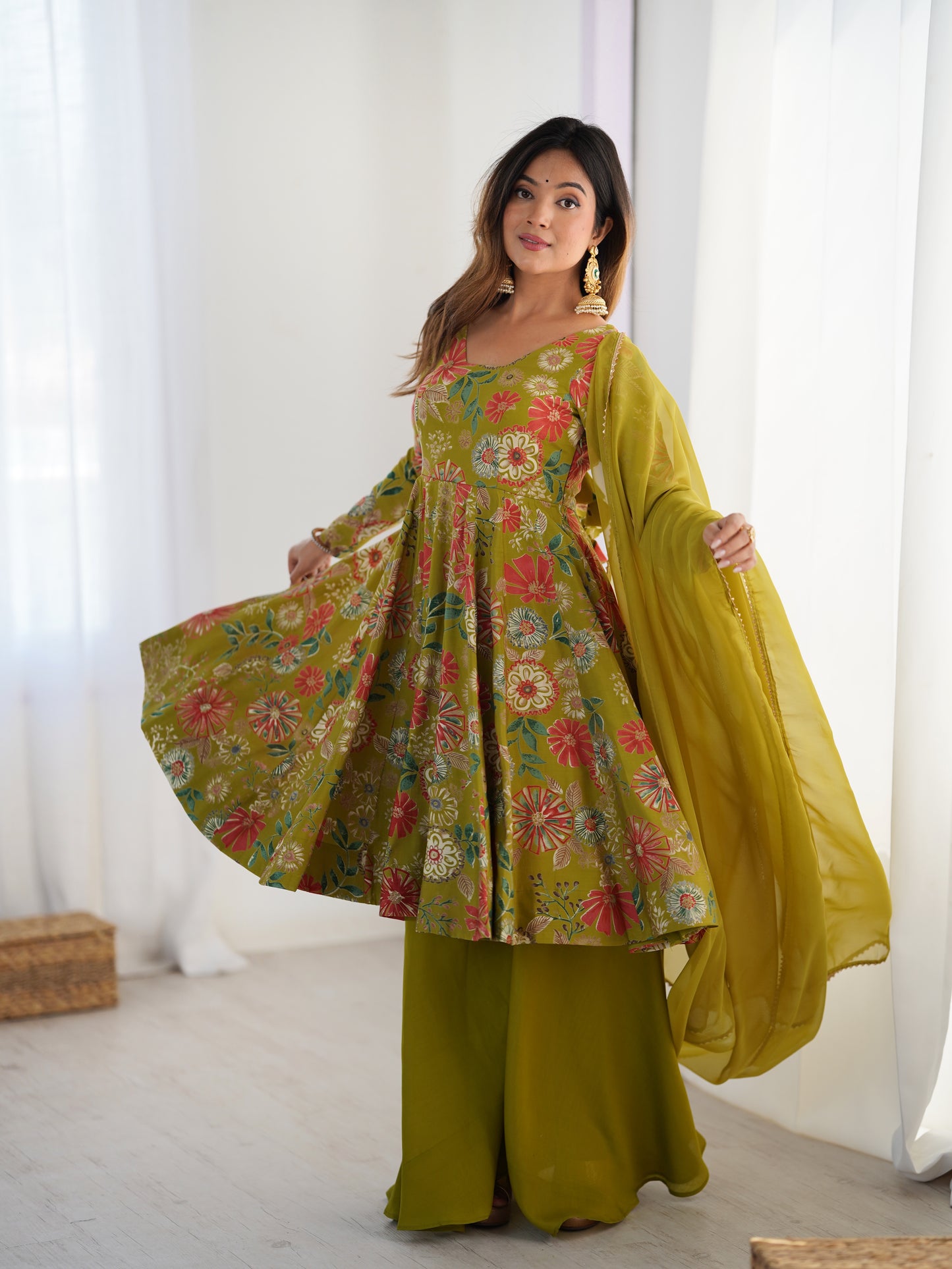 Exquisite Pure Soft Roman Silk Kediya Kurta Palazzo Set