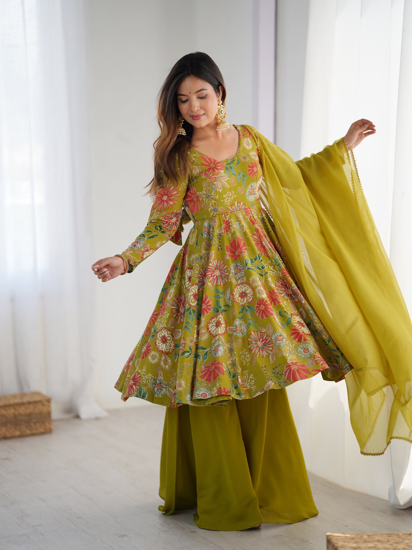Exquisite Pure Soft Roman Silk Kediya Kurta Palazzo Set