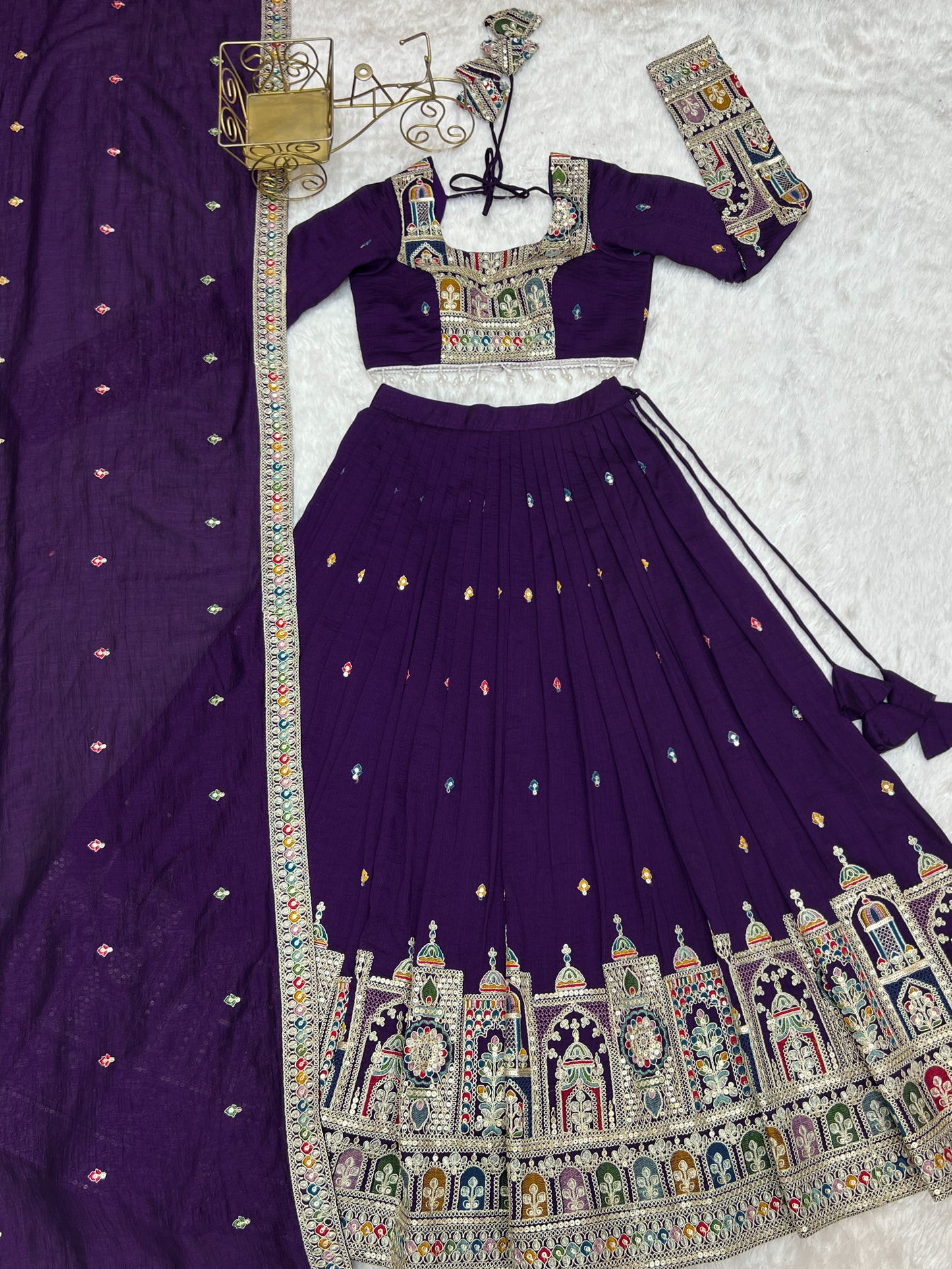 Premium Vichitra Silk Embroidered Lehenga Set – Fully Stitched & Ready to Wear