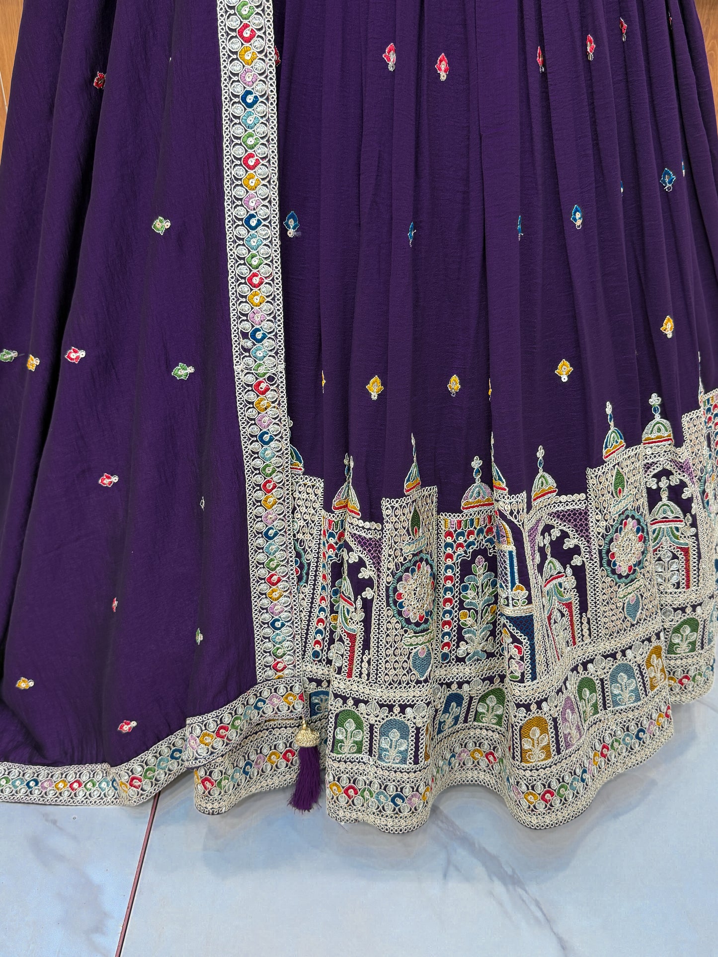 Premium Vichitra Silk Embroidered Lehenga Set – Fully Stitched & Ready to Wear
