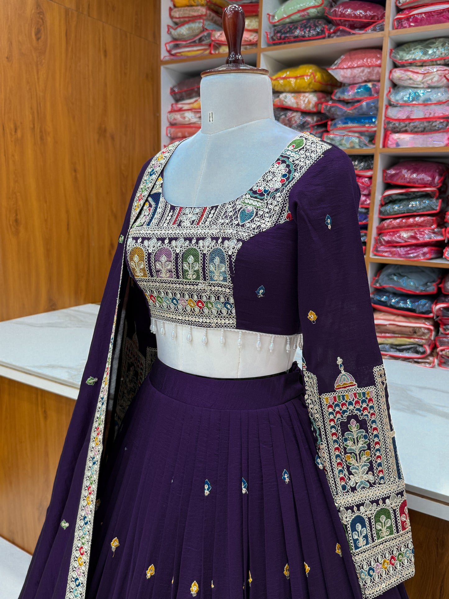 Premium Vichitra Silk Embroidered Lehenga Set – Fully Stitched & Ready to Wear
