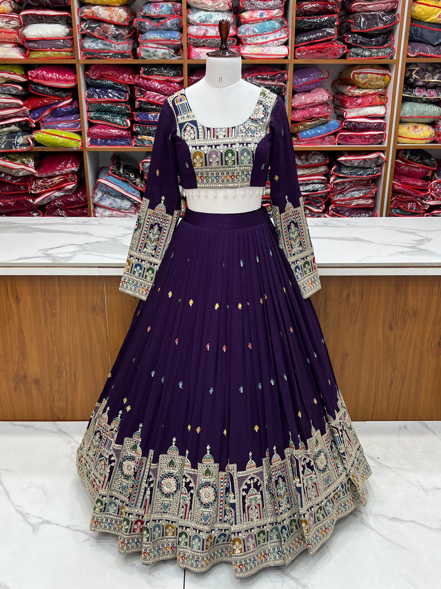 Premium Vichitra Silk Embroidered Lehenga Set – Fully Stitched & Ready to Wear