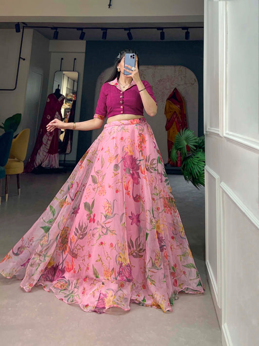Stunning Organza Floral Digital Printed Lehenga With Blouse - Ethnicwish