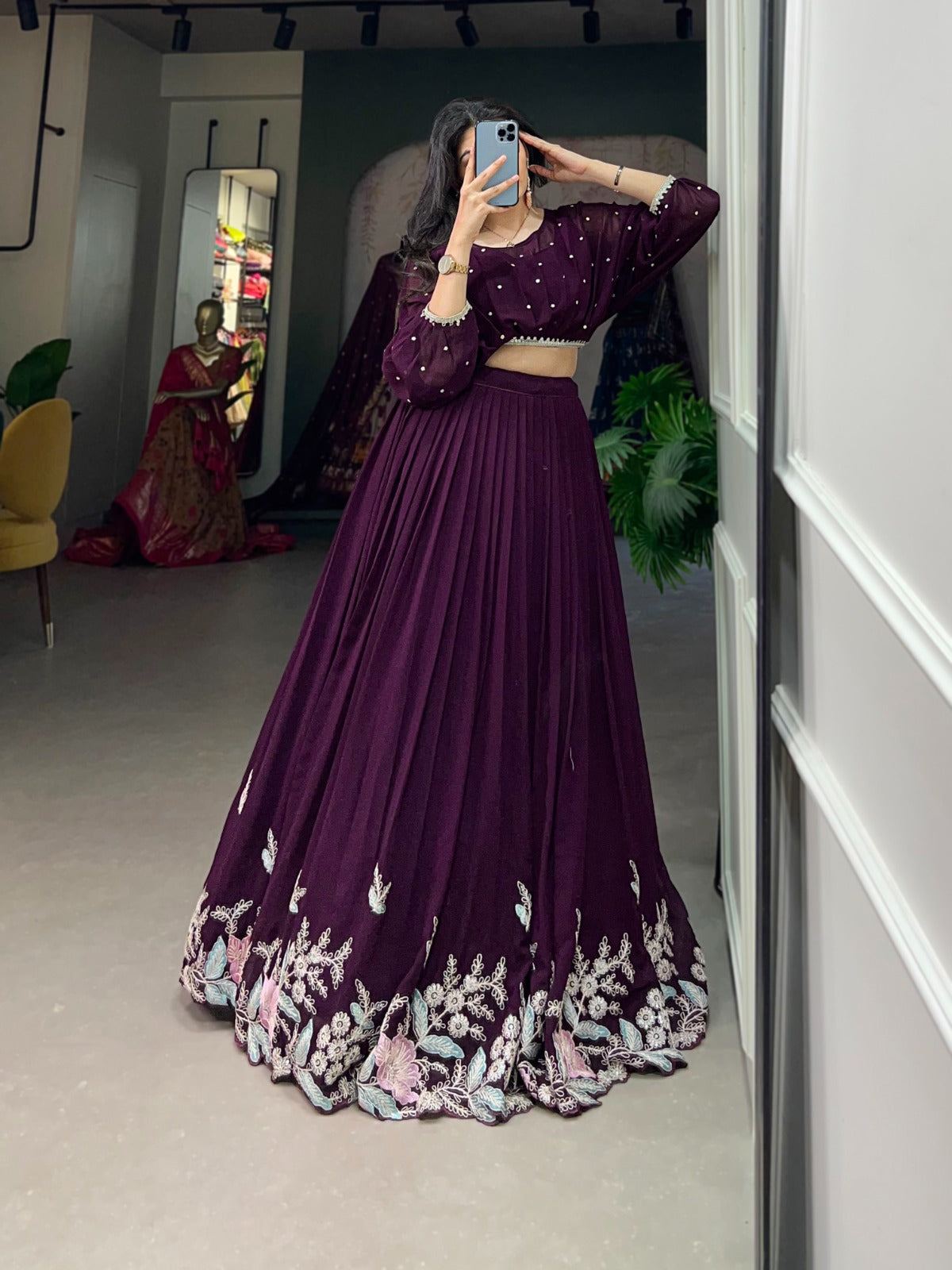 Elegant Georgette Sequins Butti Lace Border Worked Top Lehenga Set - Ethnicwish