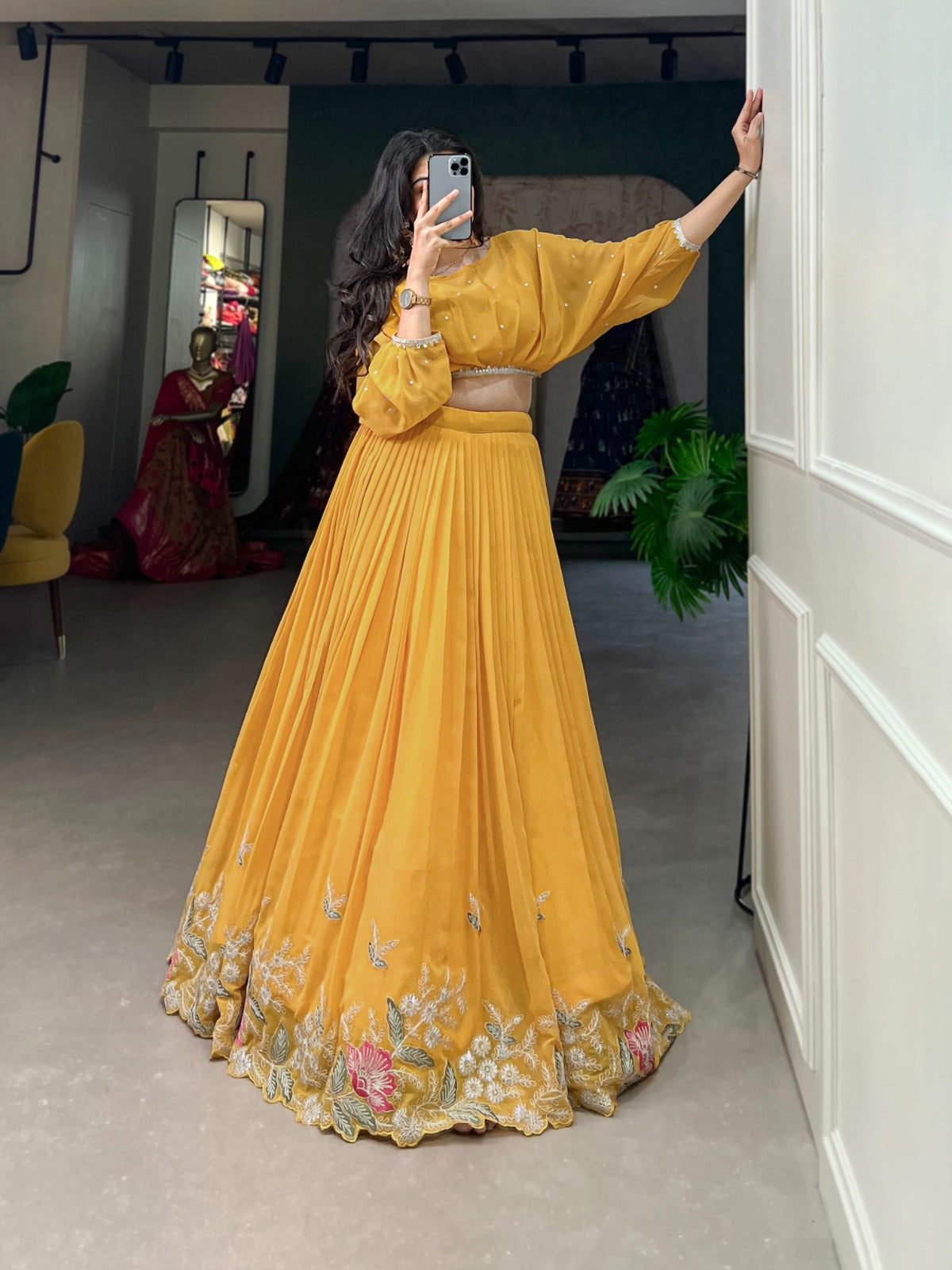 Elegant Georgette Sequins Butti Lace Border Worked Top Lehenga Set - Ethnicwish