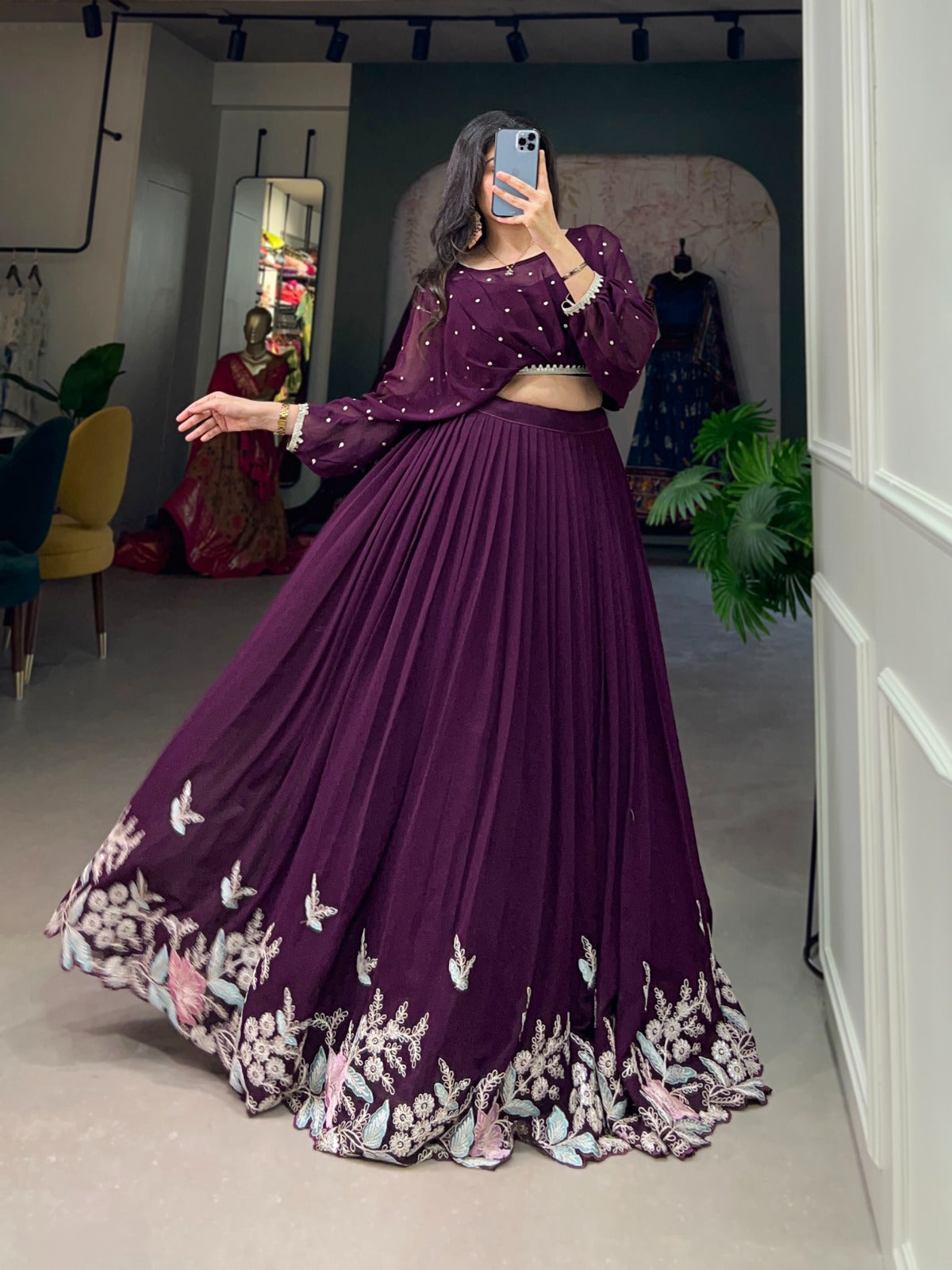 Elegant Georgette Sequins Butti Lace Border Worked Top Lehenga Set - Ethnicwish