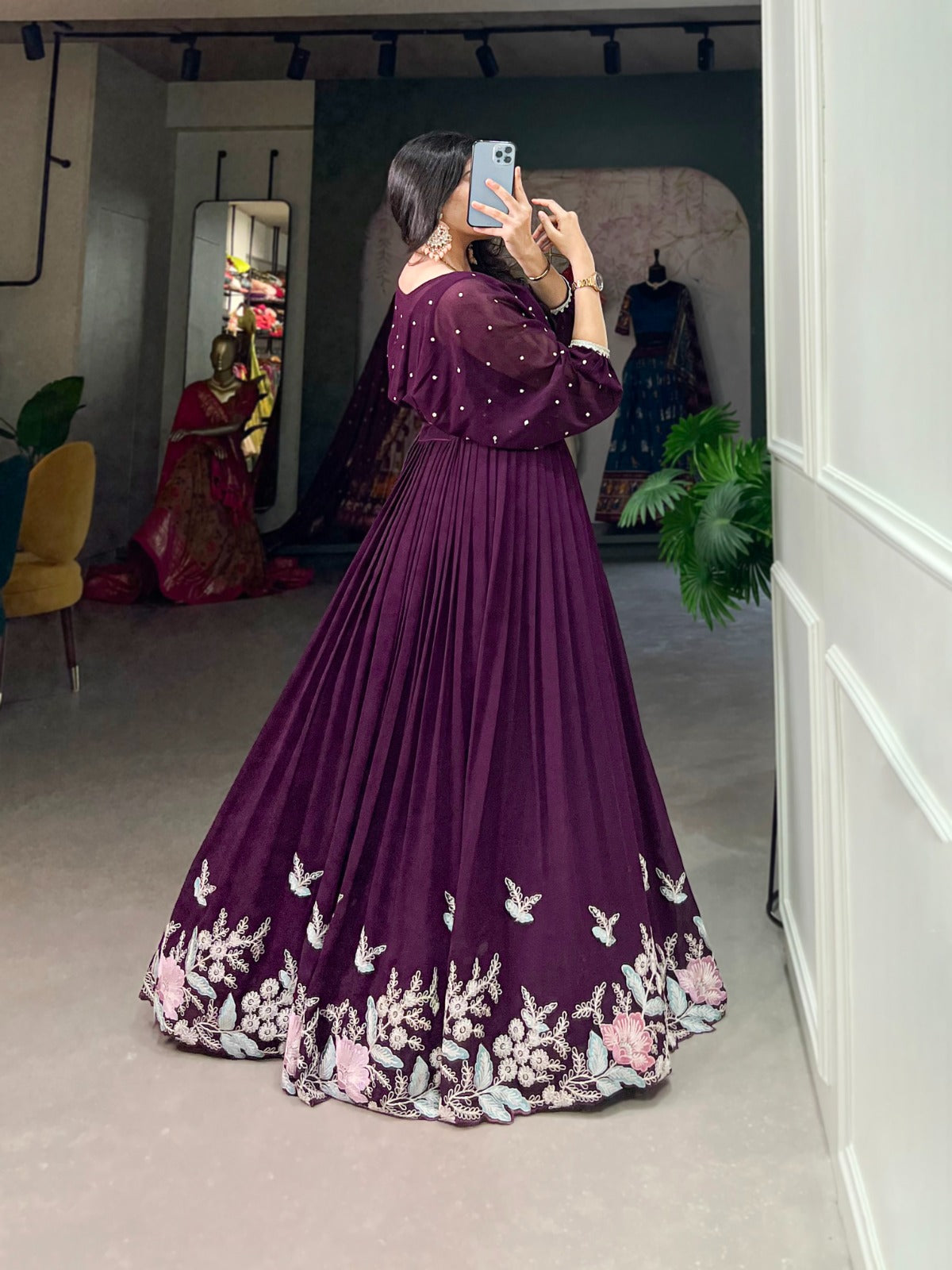 Elegant Georgette Sequins Butti Lace Border Worked Top Lehenga Set - Ethnicwish