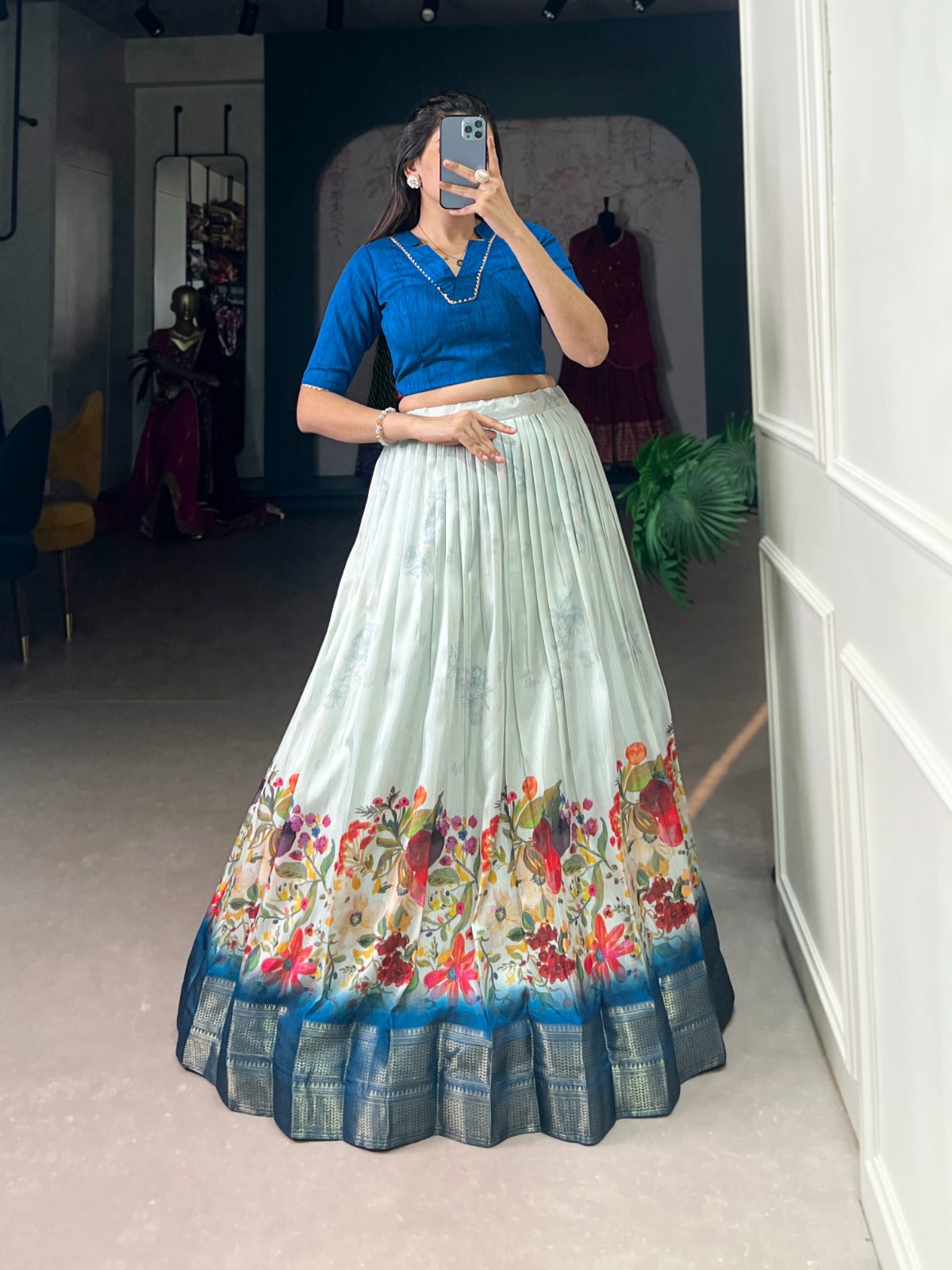 Dashing Cotton Silk Floral Printed Zari Border Worked Lehenga Choli - Ethnicwish