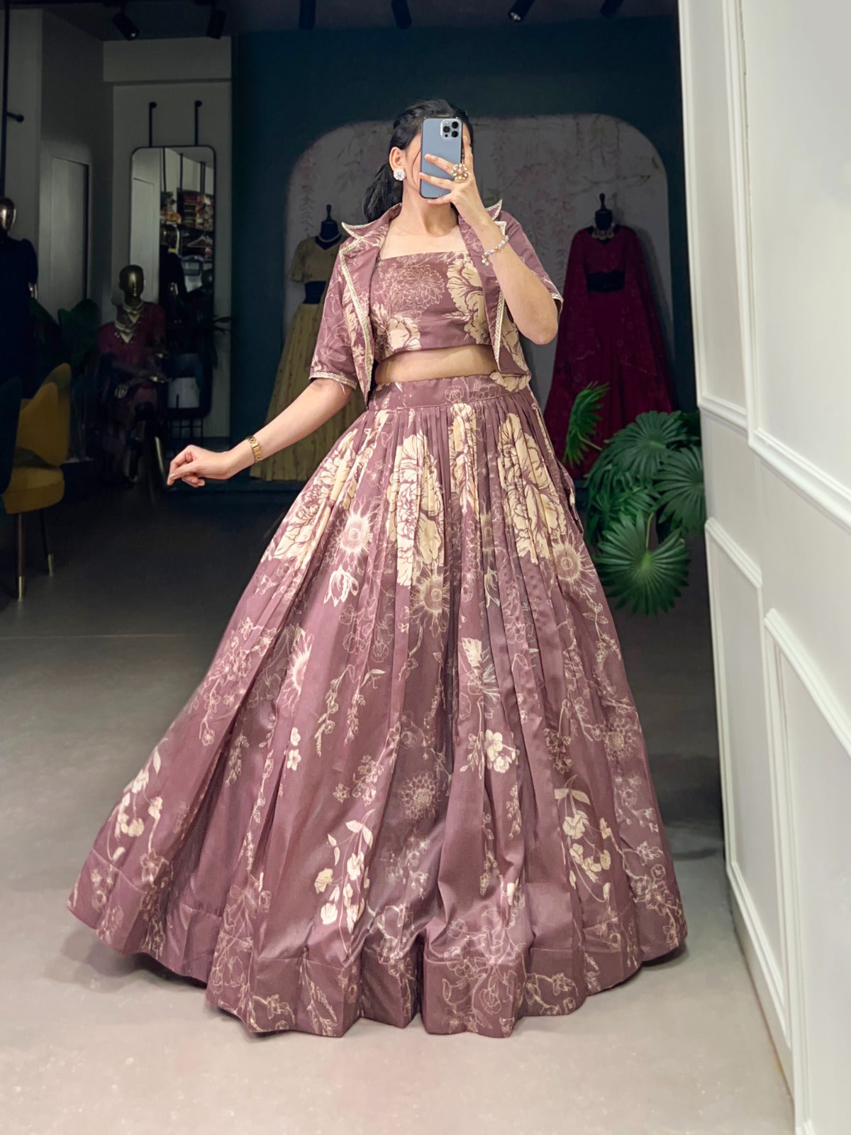 Exquisite Tussar Silk Floral Printed Lehenga Choli Koti Set - Ethnicwish