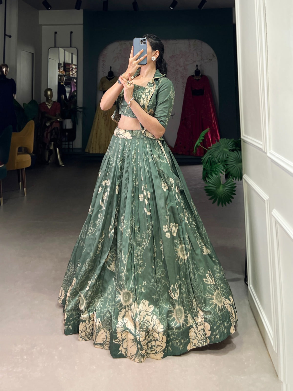 Exquisite Tussar Silk Floral Printed Lehenga Choli Koti Set - Ethnicwish