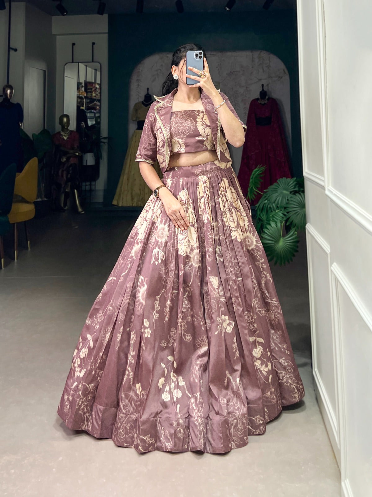 Exquisite Tussar Silk Floral Printed Lehenga Choli Koti Set - Ethnicwish
