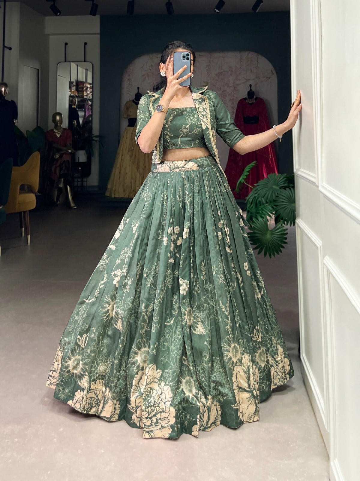Exquisite Tussar Silk Floral Printed Lehenga Choli Koti Set - Ethnicwish