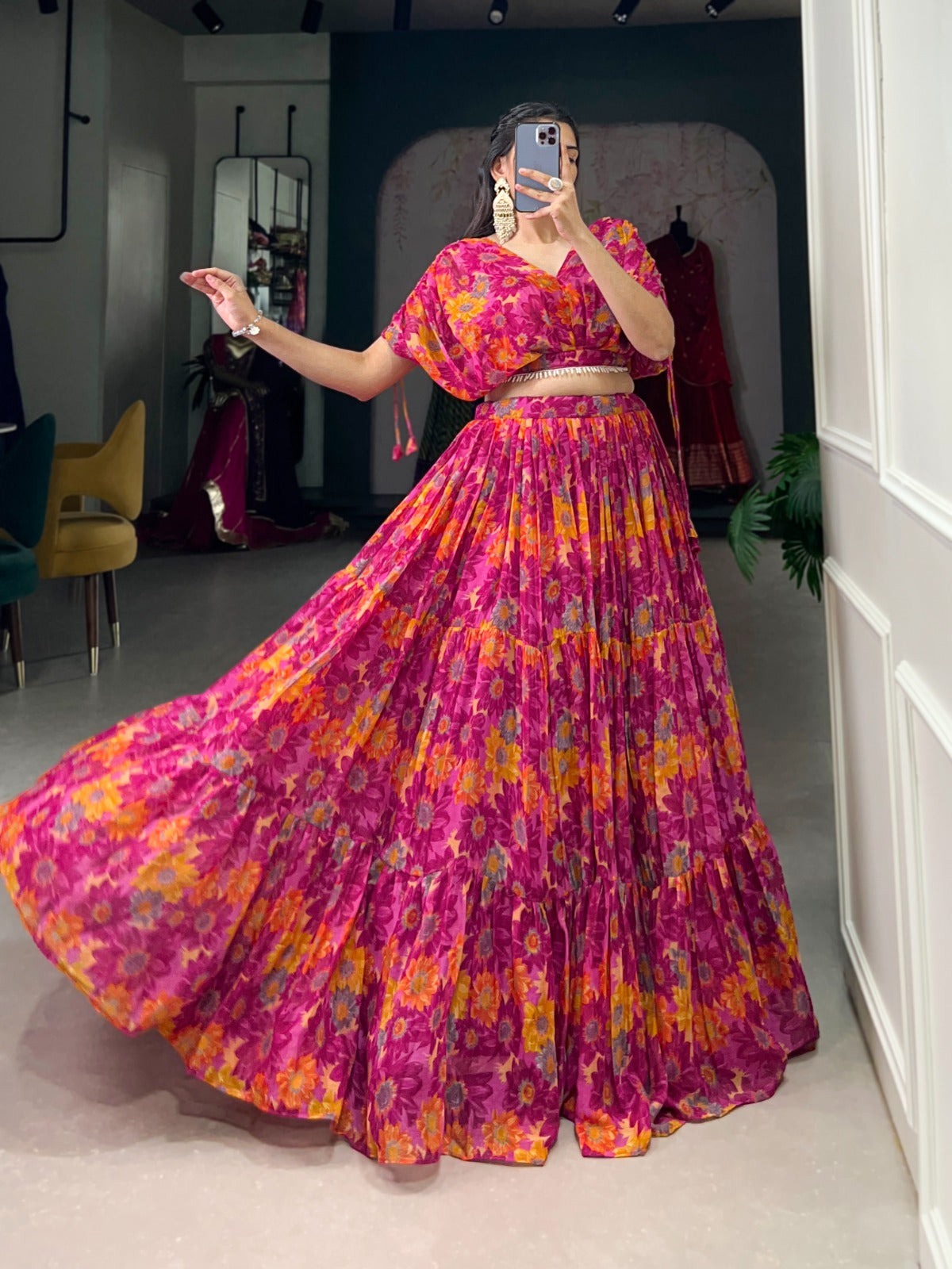 Alluring Pink Soft Chiffon Floral Printed Lehenga With Blouse Set - Ethnicwish