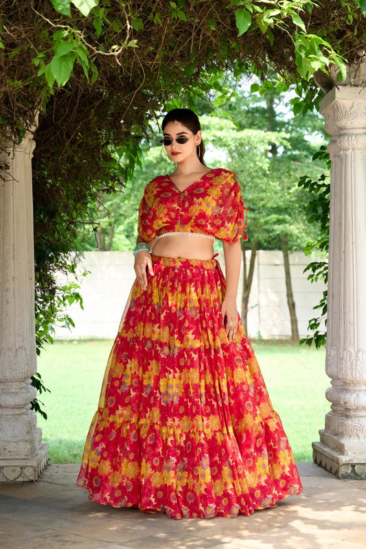 Sublime Red Soft Chiffon Floral Printed Lehenga With Blouse Set - Ethnicwish