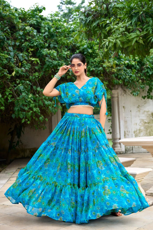Luminous Sky Blue Soft Chiffon Floral Printed Lehenga With Blouse Set - Ethnicwish