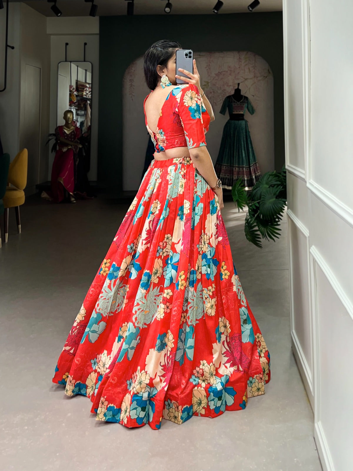 Ravishing Red Floral Printed Tussar Silk Lehenga Choli Set - Ethnicwish