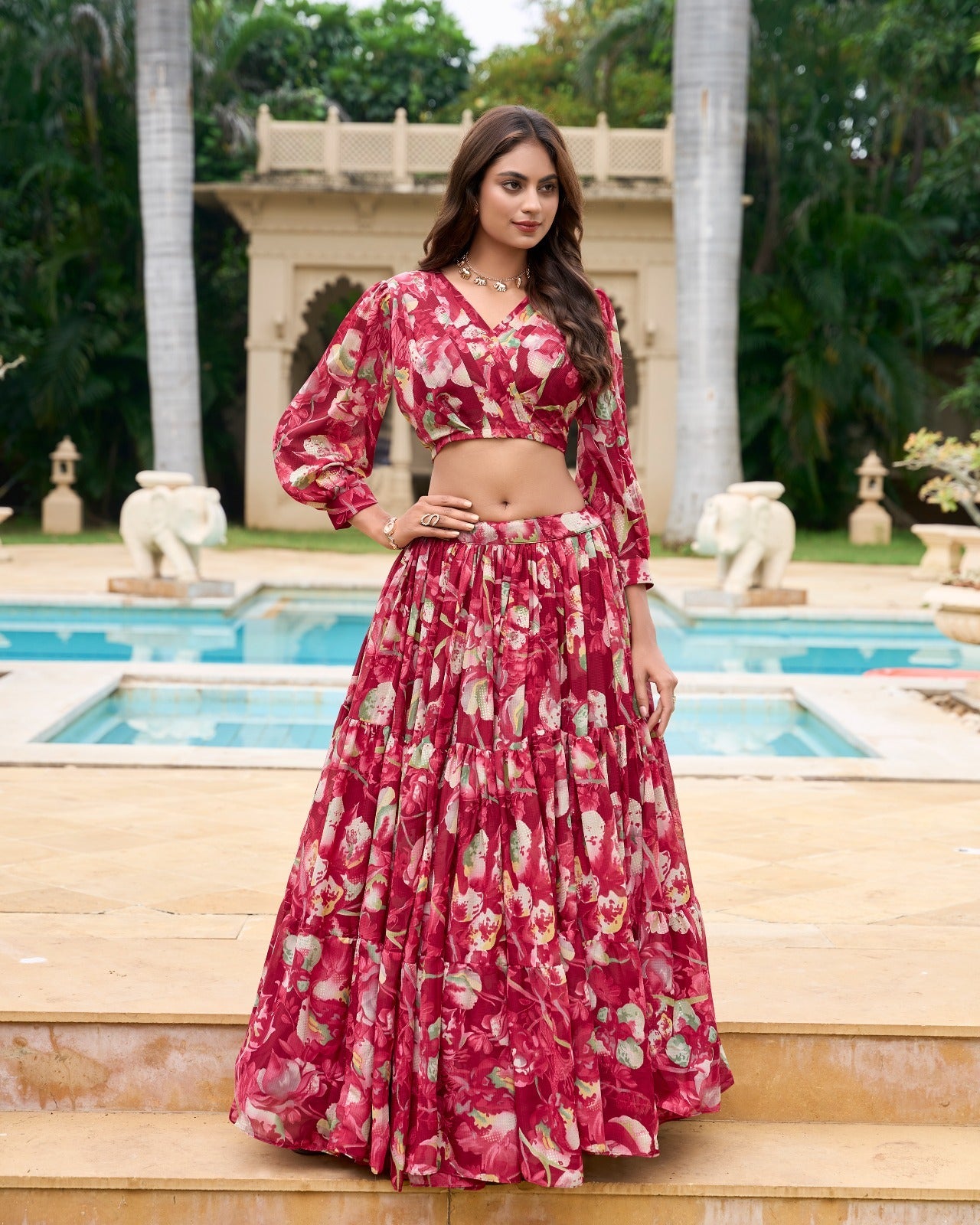 Stunning Georgette Floral Digital Printed Lehenga With Stitched Blouse - Ethnicwish