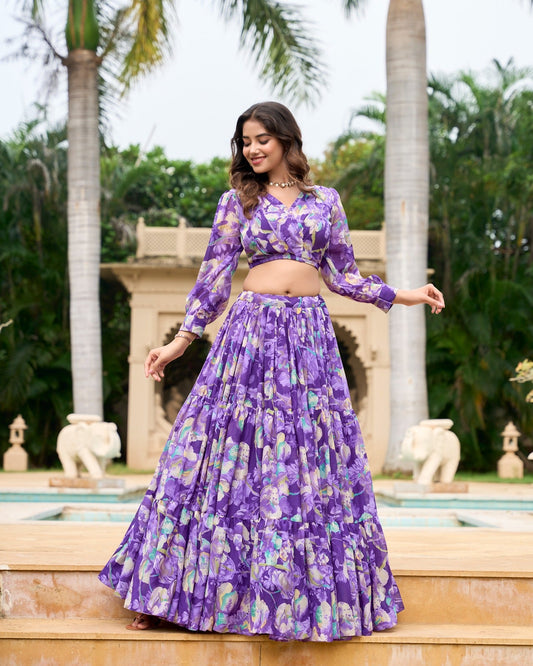 Stunning Georgette Floral Digital Printed Lehenga With Stitched Blouse - Ethnicwish