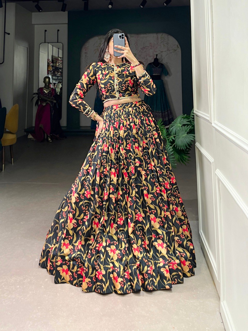 Spellbinding Tussar Silk Floral Lehenga With Stitched Blouse - Ethnicwish