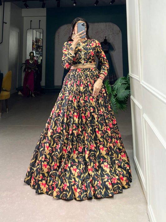 Spellbinding Tussar Silk Floral Lehenga With Stitched Blouse - Ethnicwish