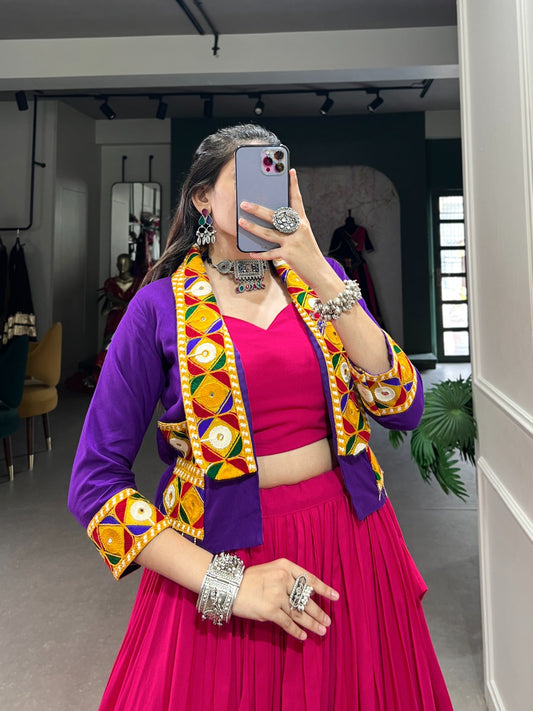 Ravishing Pure Rayon Gamthi Worked Navaratri Wear Lehenga Blouse Koti Set - Ethnicwish