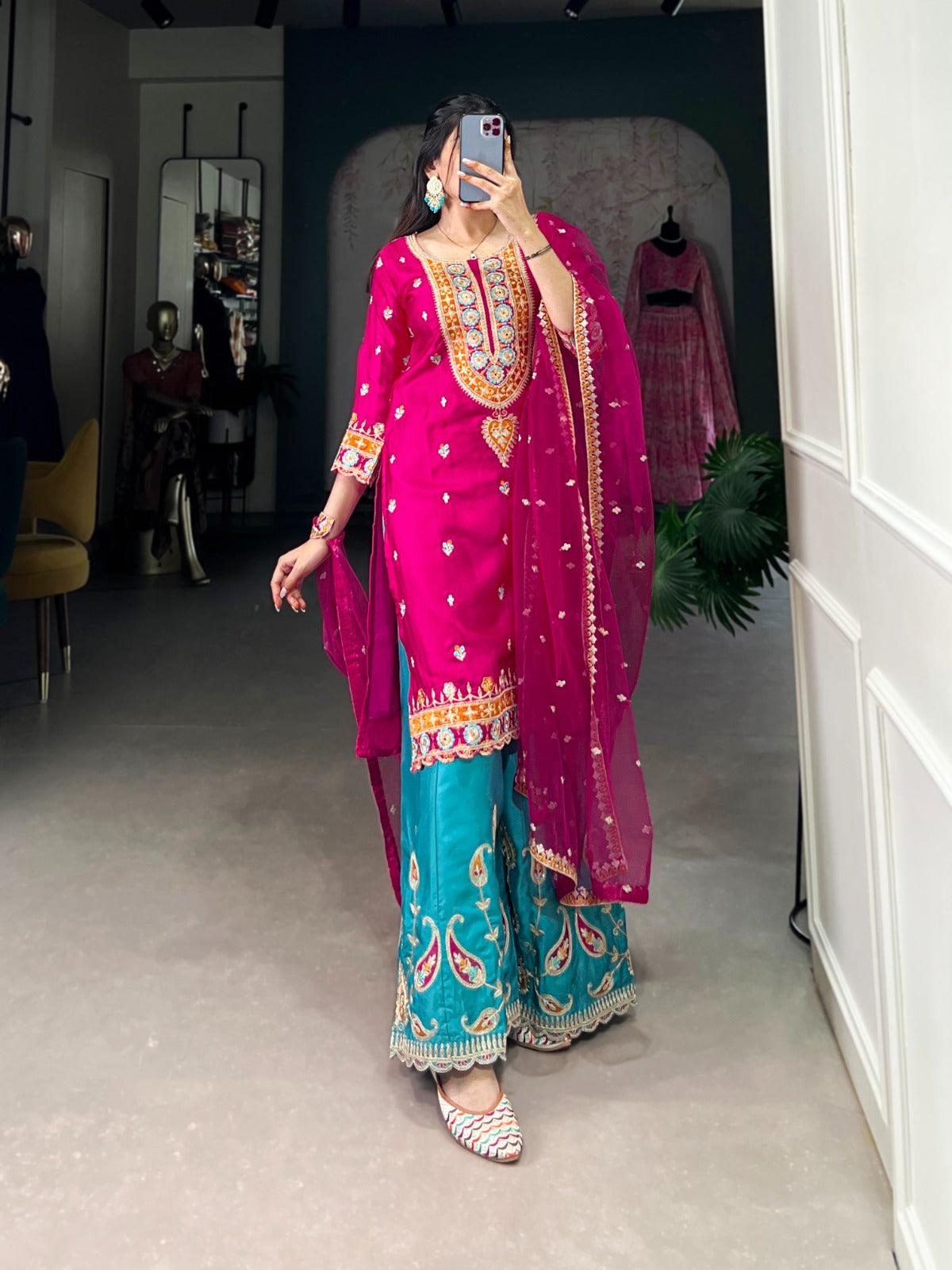 Exquisite Pink Silk Sequins Thread Worked Top Sharara Suit - Ethnicwish