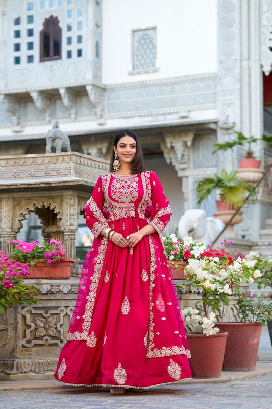 Enchanting Pink Vichitra Silk Thread Embroidered Gown With Dupatta