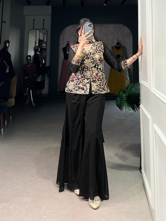 Breathtaking Black Georgette Sequins Thread Worked Top Palazzo Suit
