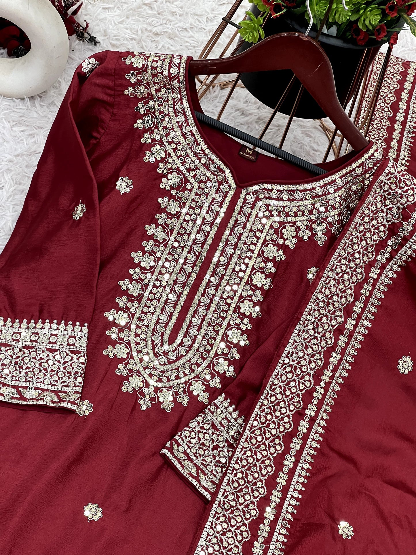 Magnificent Chinon Silk Sequins Embroidered Top Sharara Suit