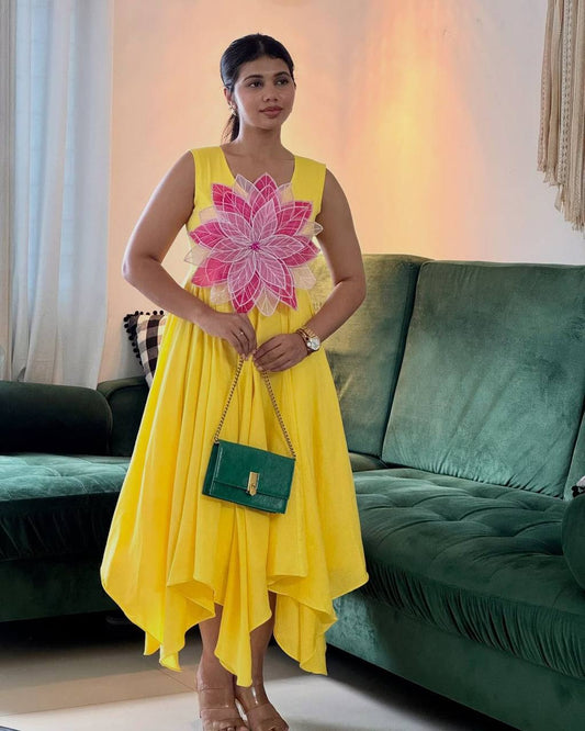 Fancy Parampara Silk Frock with Floral Appliqué Work – Fully Stitched & Elegant