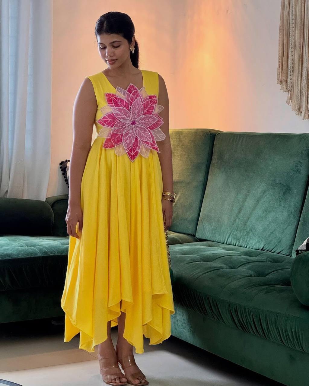 Fancy Parampara Silk Frock with Floral Appliqué Work – Fully Stitched & Elegant