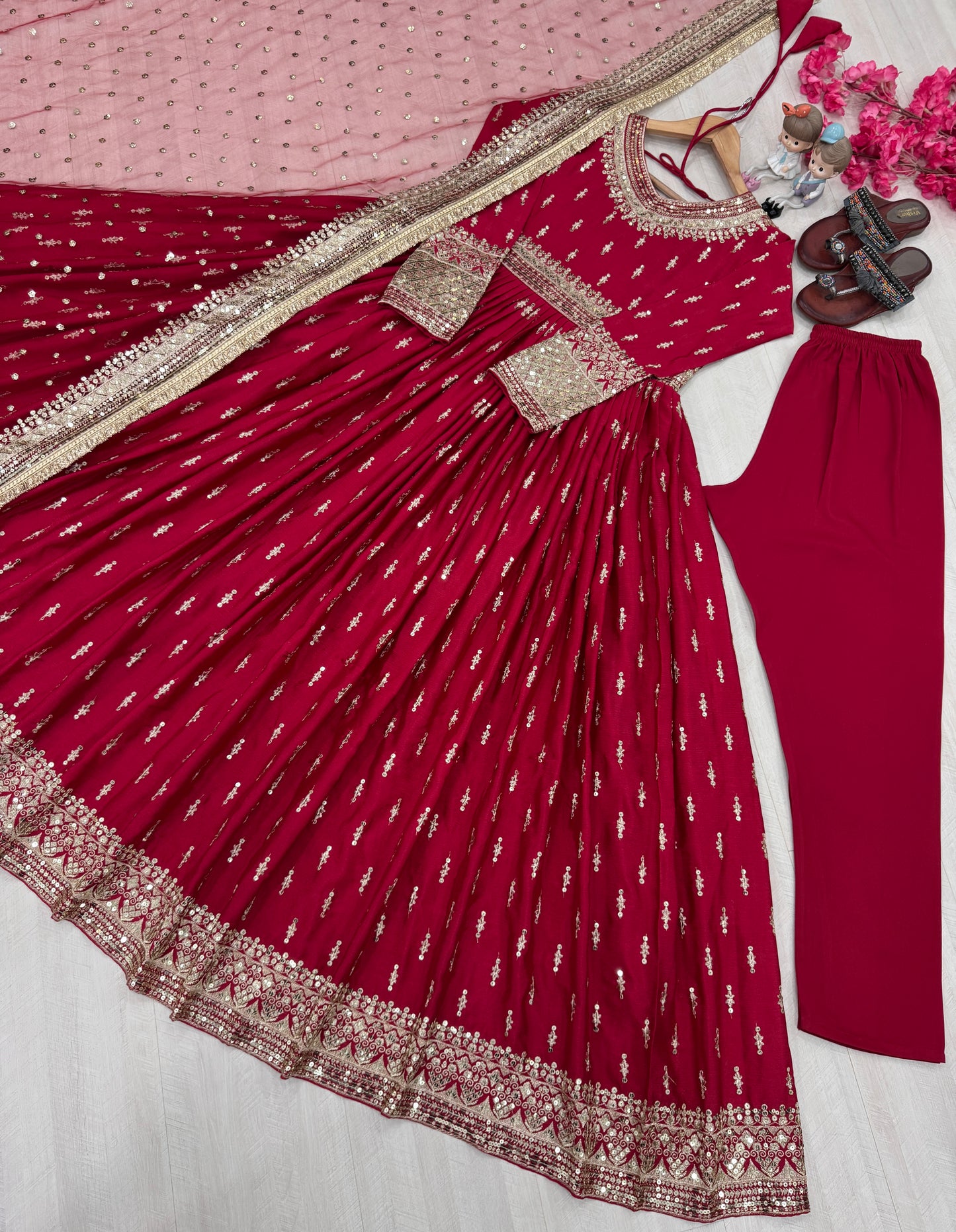 Festival Wear Pure Chinon Silk Sequins Embroidered Anarkali Pant Suit