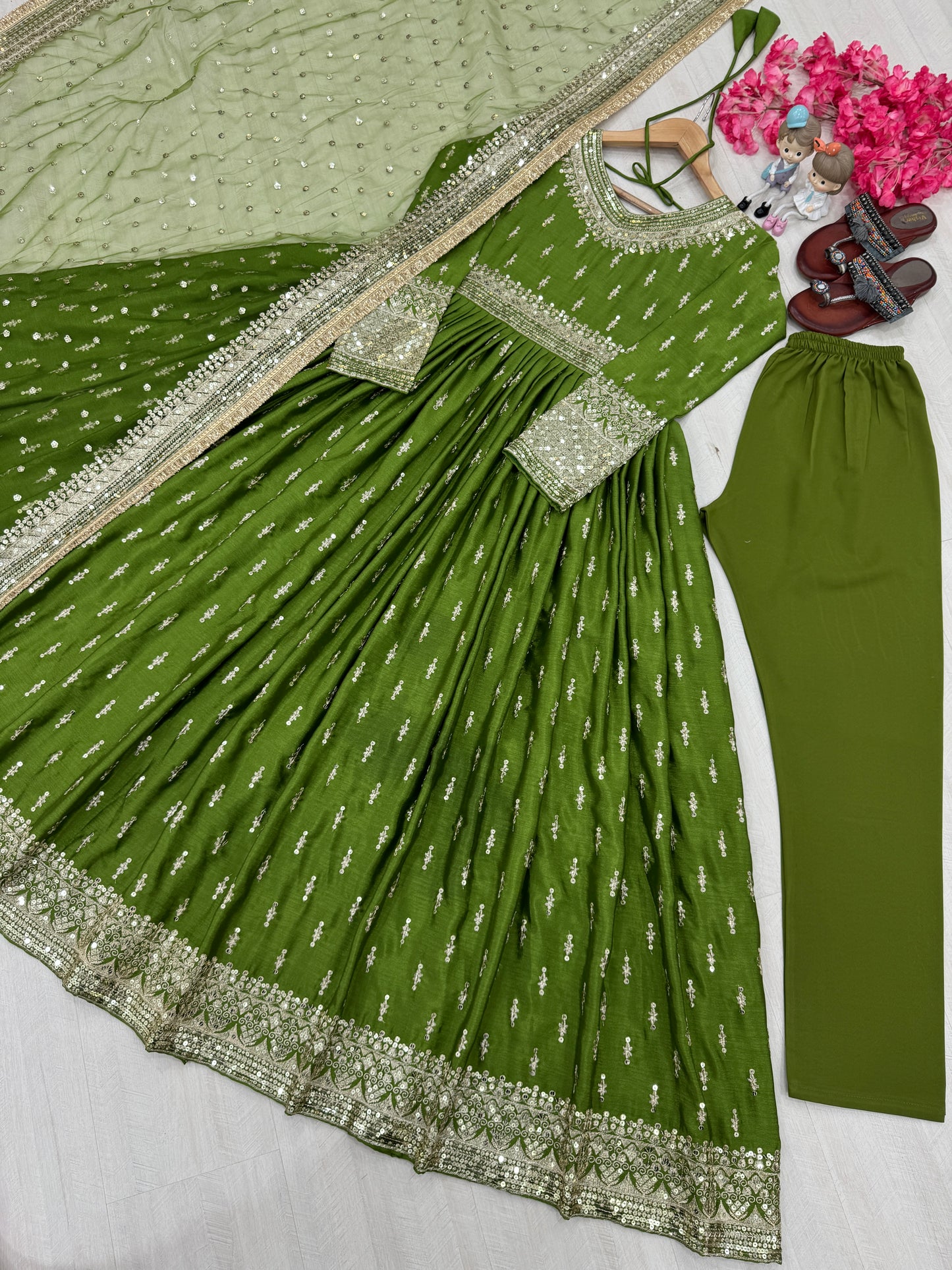 Elegant Chinon Silk Embroidered Anarkali Pant Set – Fully Stitched & Ready to Wear