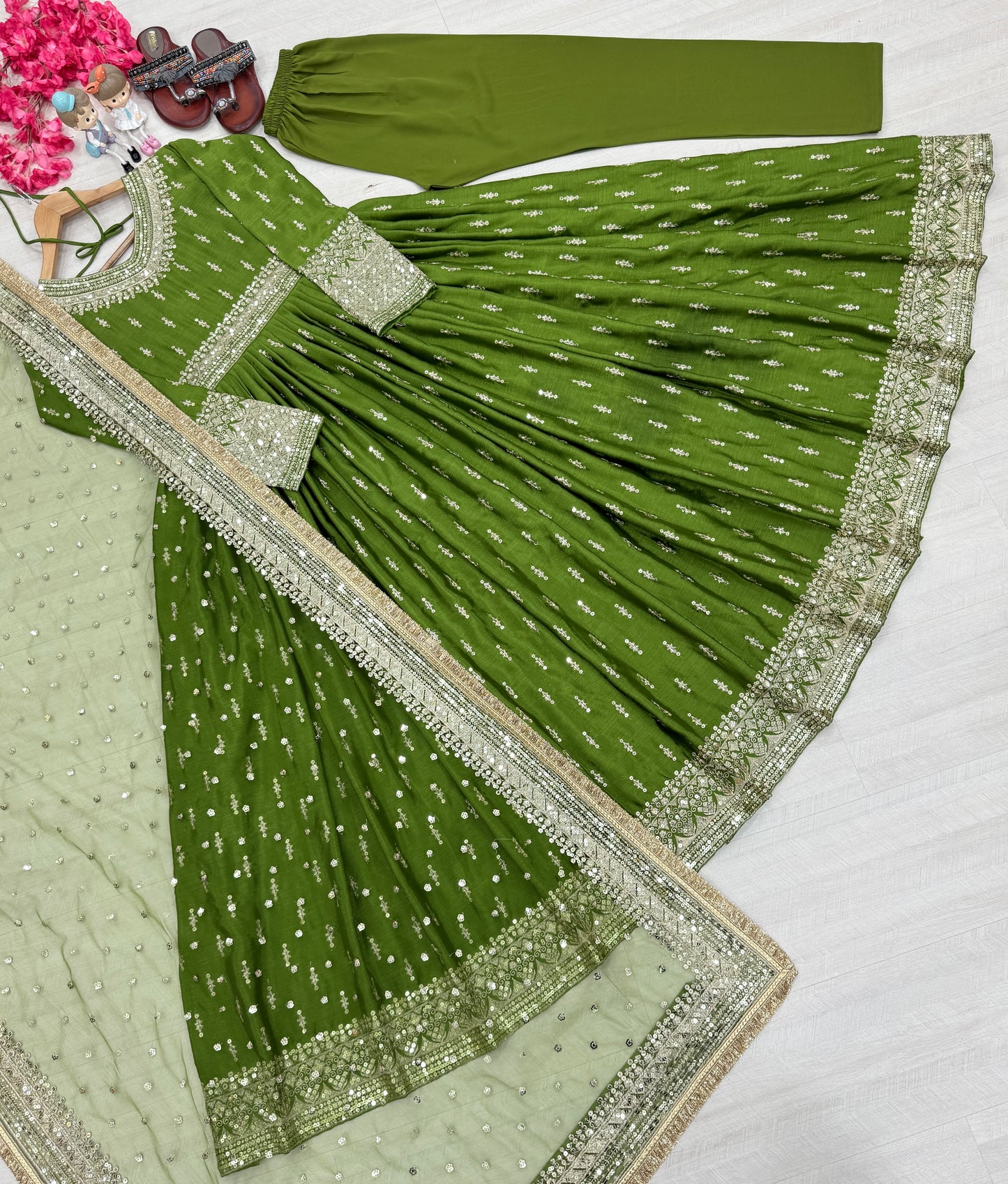 Elegant Chinon Silk Embroidered Anarkali Pant Set – Fully Stitched & Ready to Wear
