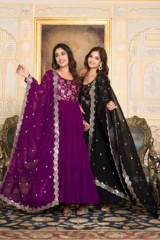 Elegant Faux Georgette Gown Pure Jacquard Work With Matching Dupatta