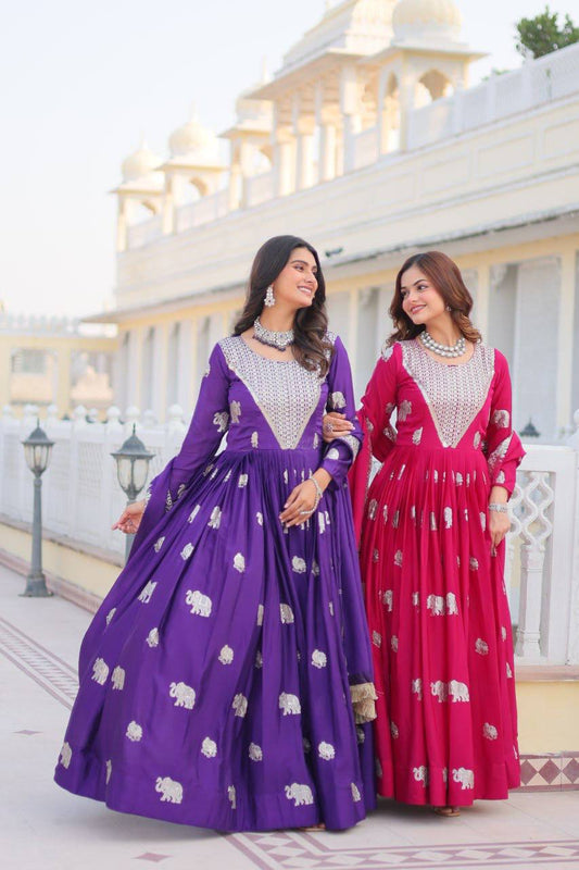 Pure Chinon Embroidered Gown with Heavy Sequin Work and Lace Border Dupatta