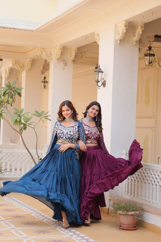 Pure Chinon Embroidered Lehenga Choli with Koti and Matching Dupatta