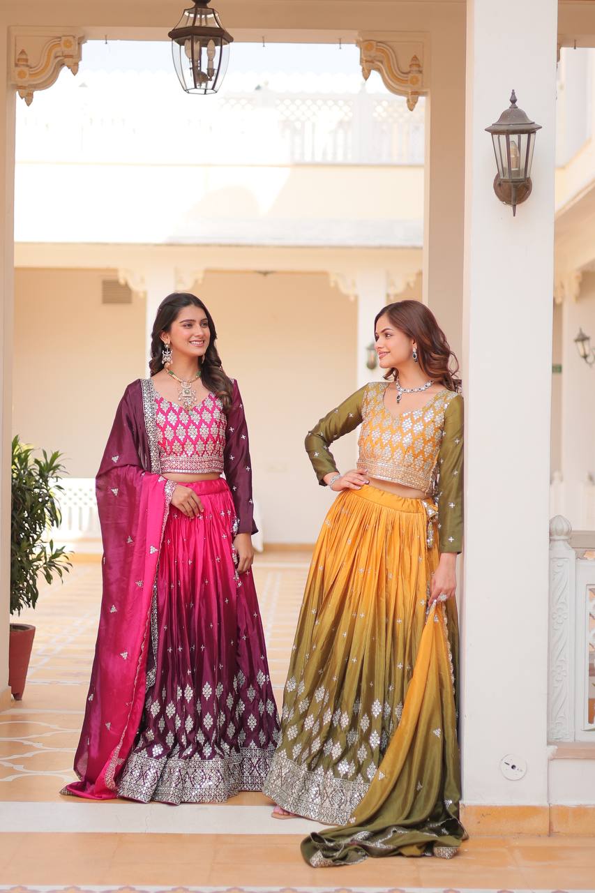 Pure Padding Chinon Sequins Embroidered Lehenga Choli With Dupatta