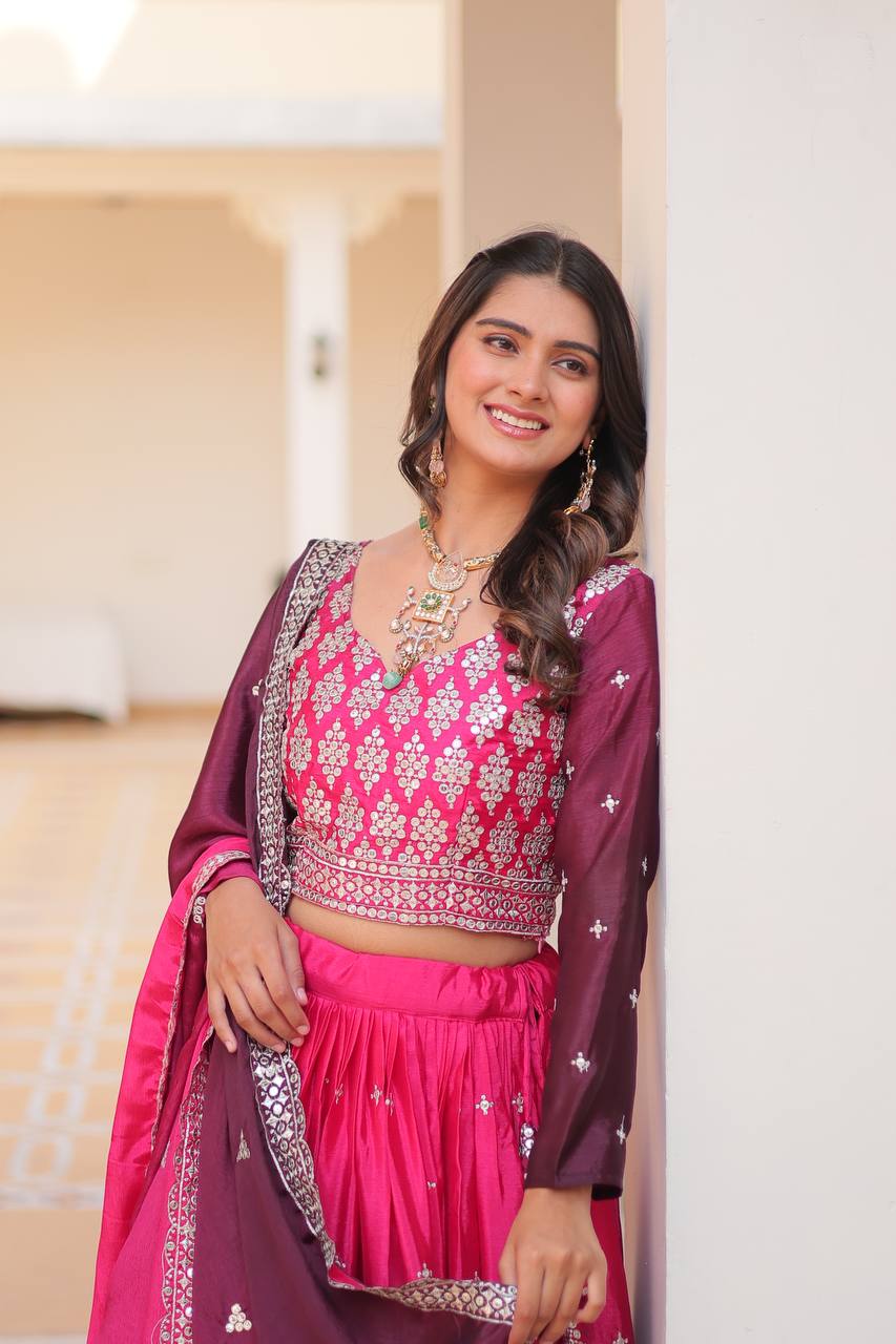 Pure Padding Chinon Sequins Embroidered Lehenga Choli With Dupatta