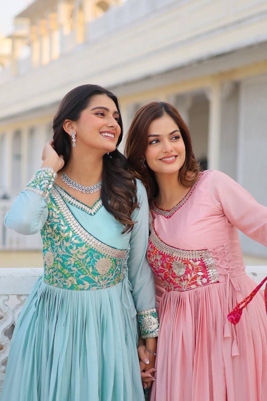 Pure Chinon & Bandhej Gown Set With Jacket and Hand Purse