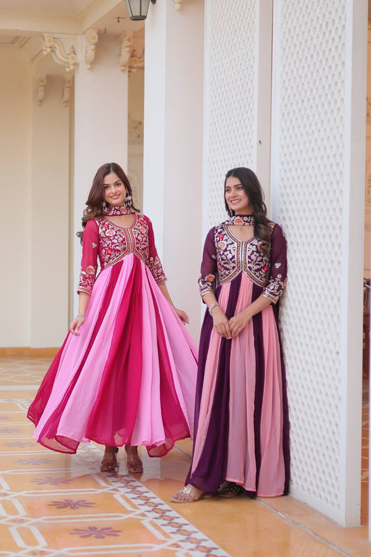 Spectacular Two Tone Faux Georgette Embroidered Gown With Dupatta