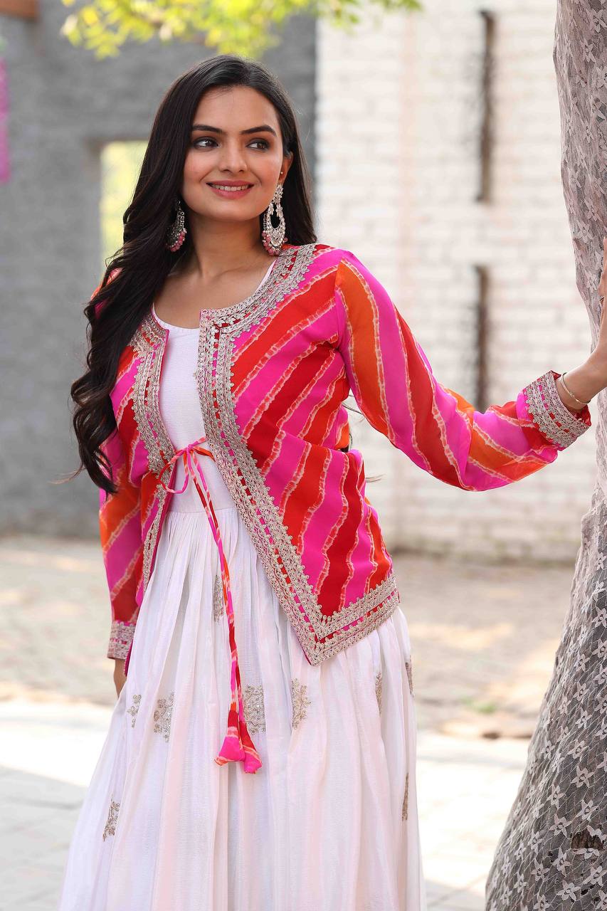 Chinon Gown with Leheriya Jacket – A Fusion of Modern Elegance & Traditional Charm