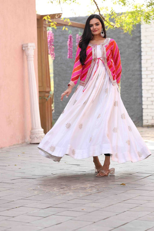 Chinon Gown with Leheriya Jacket – A Fusion of Modern Elegance & Traditional Charm