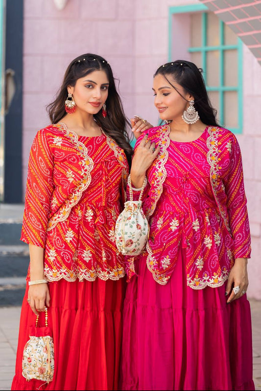 Elegant Bandhej Crop Top Lehenga & Jacket Set – A Perfect Fusion of Tradition & Style