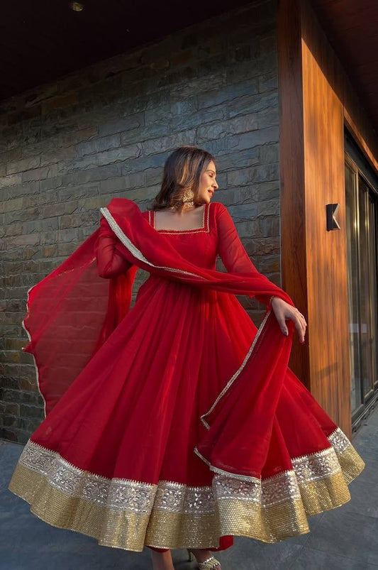 Royal Red Wedding Wear Blooming Georgette Anarkali Pant Set